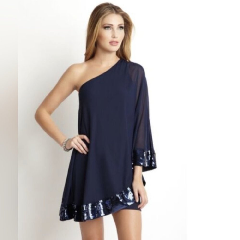 JB by Julie Brown Silk and Sequin Black One Shoulder Cape Dress Size 0